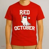 Red October Halloween Ghost Playing Baseball T-Shirt thumb 3