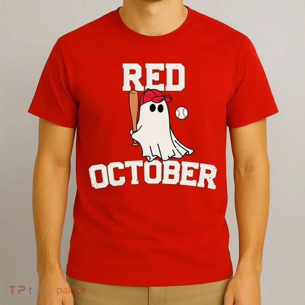 Red October Halloween Ghost Playing Baseball T-Shirt