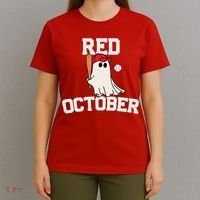 Red October Halloween Ghost Playing Baseball T-Shirt thumb 4