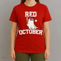 Red October Halloween Ghost Playing Baseball T-Shirt thumb 4