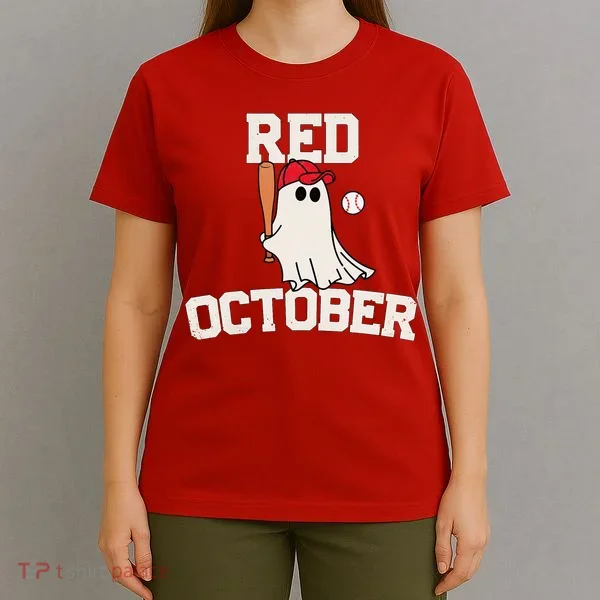 Red October Halloween Ghost Playing Baseball T-Shirt