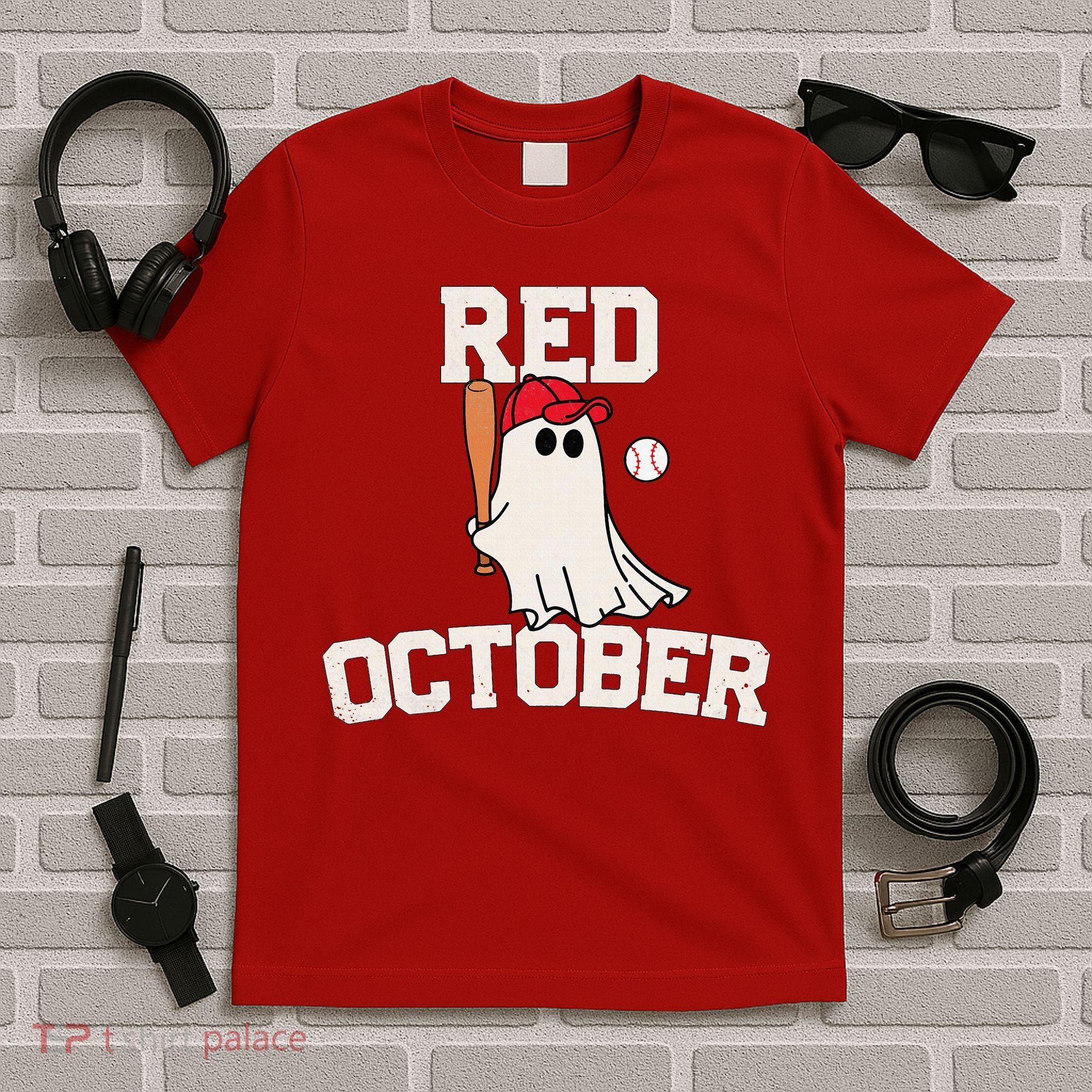 Red October Halloween Ghost Playing Baseball T-Shirt