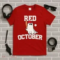Red October Halloween Ghost Playing Baseball T-Shirt thumb 5