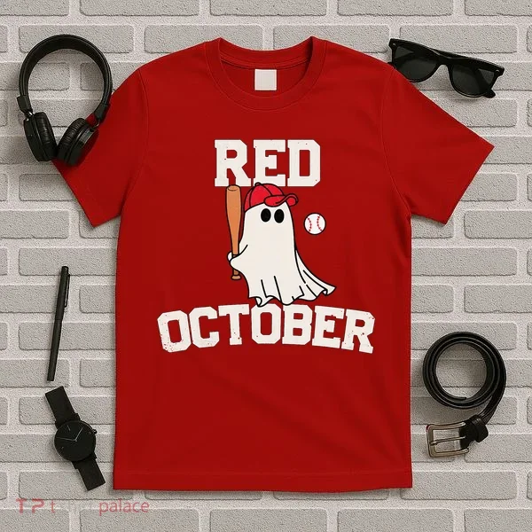 Red October Halloween Ghost Playing Baseball T-Shirt