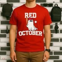 Red October Halloween Ghost Playing Baseball T-Shirt thumb 6