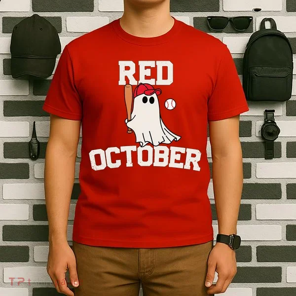 Red October Halloween Ghost Playing Baseball T-Shirt