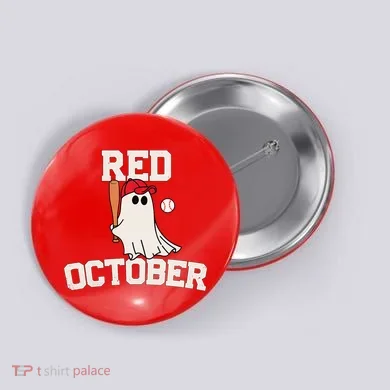 Red October Halloween Ghost Playing Baseball Button