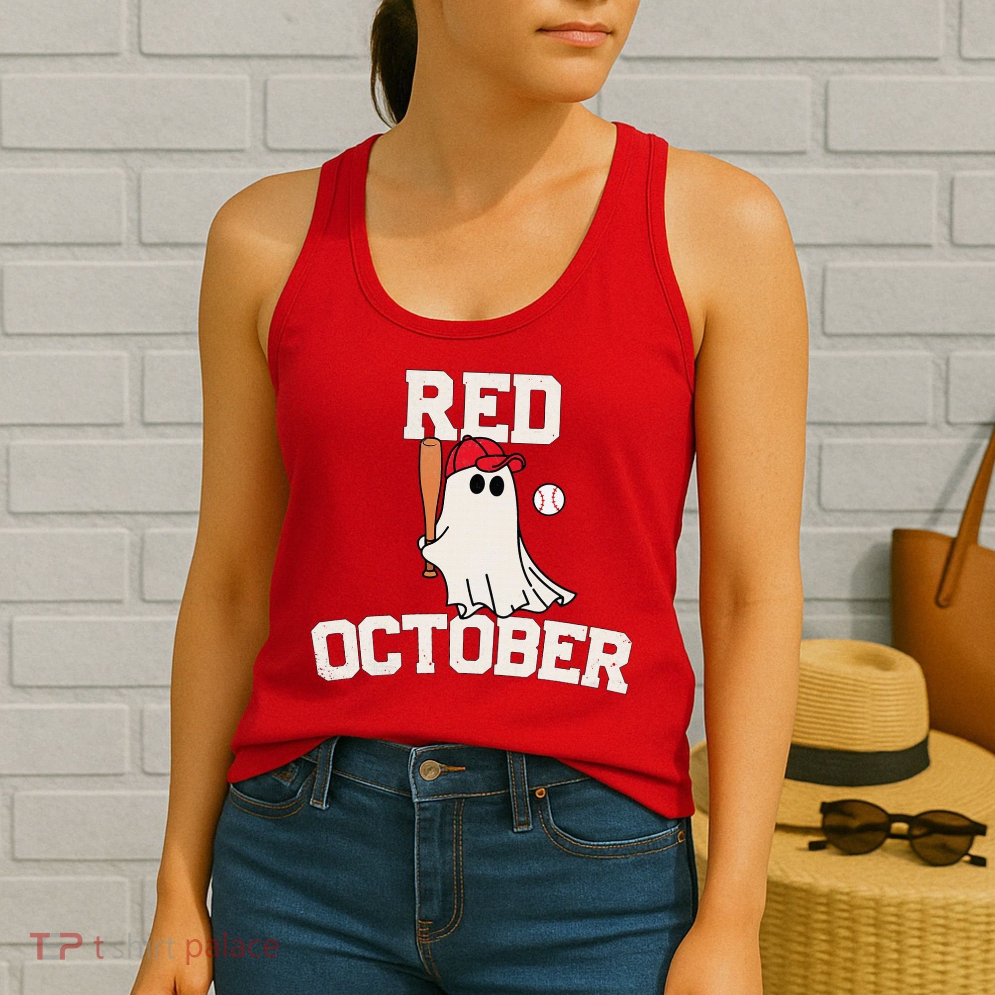 Red October Halloween Ghost Playing Baseball Women's Tank Top