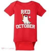 Red October Halloween Ghost Playing Baseball Baby Bodysuit thumb 0
