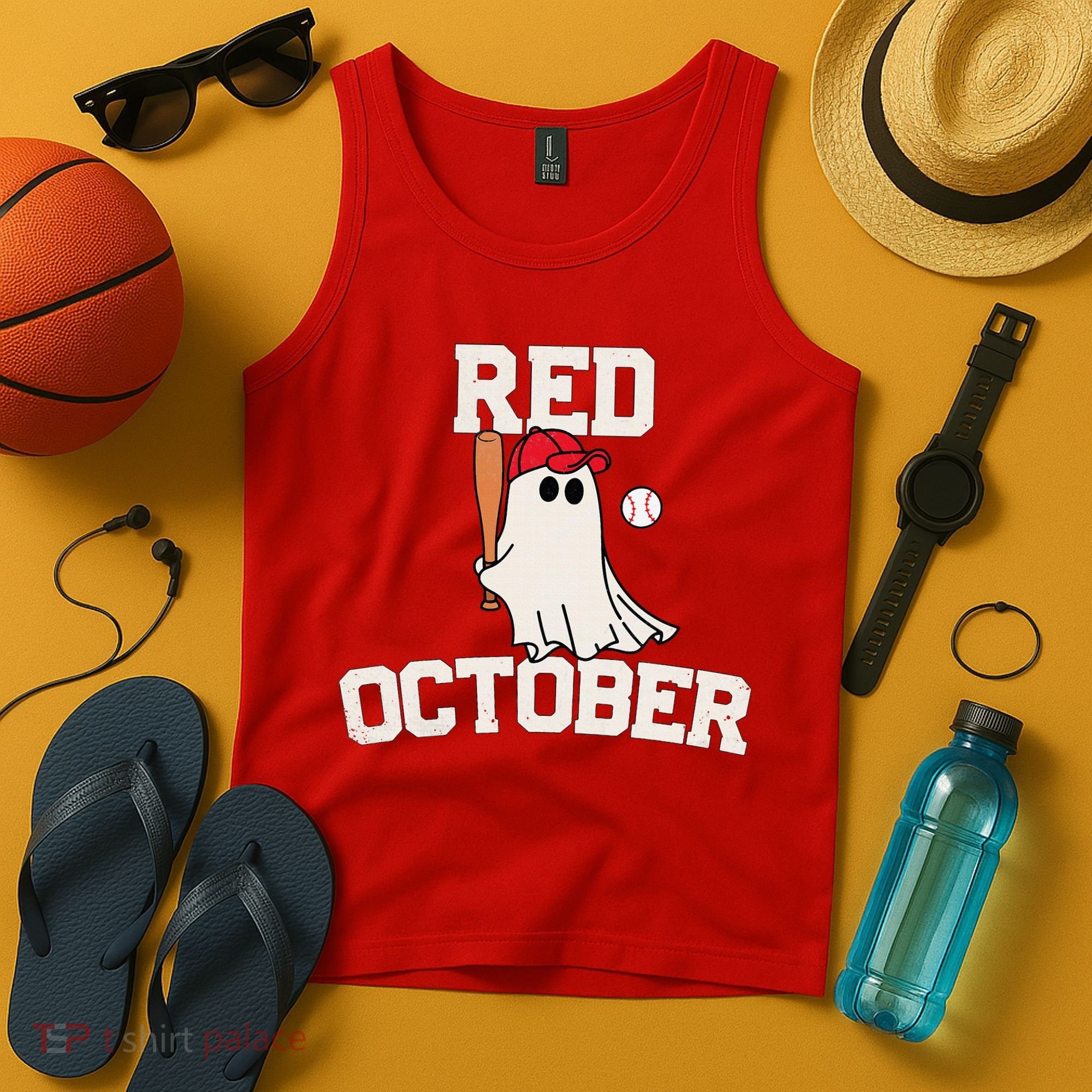 Red October Halloween Ghost Playing Baseball Tank Top