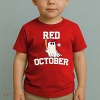 Red October Halloween Ghost Playing Baseball Toddler T-Shirt thumb 2