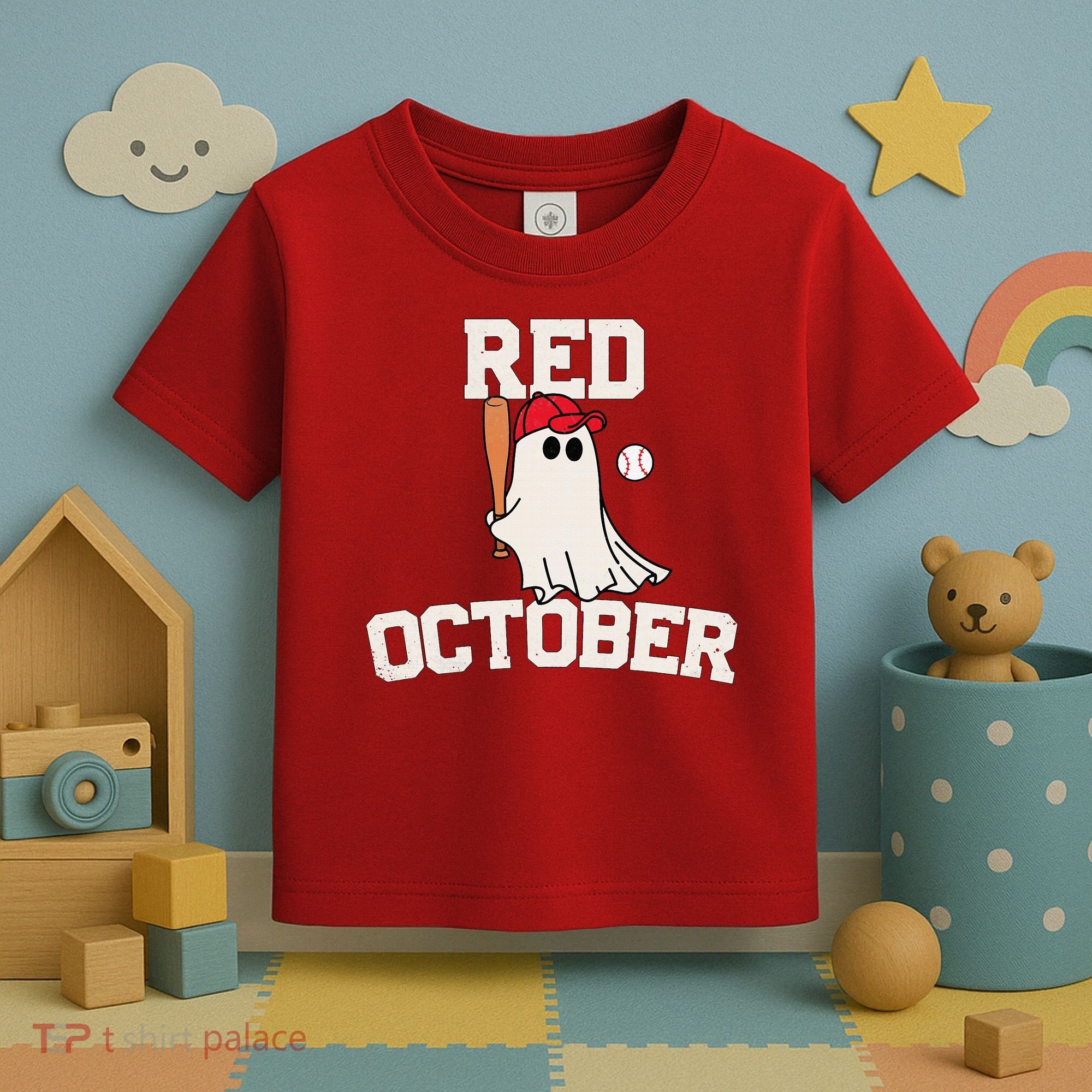 Red October Halloween Ghost Playing Baseball Toddler T-Shirt