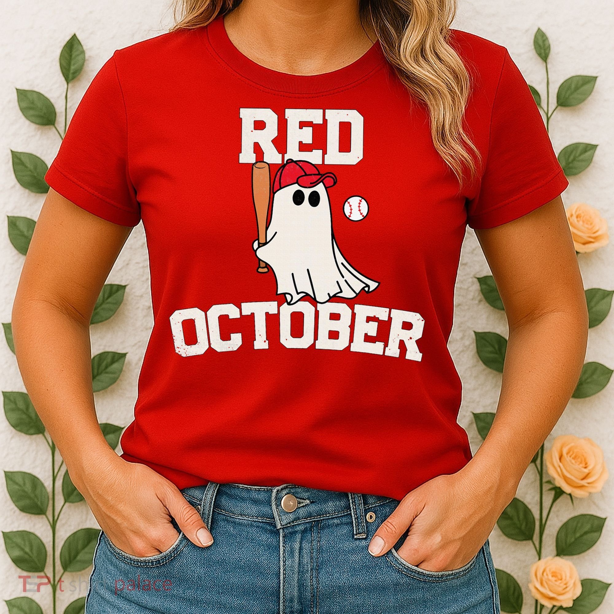 Red October Halloween Ghost Playing Baseball Women's T-Shirt