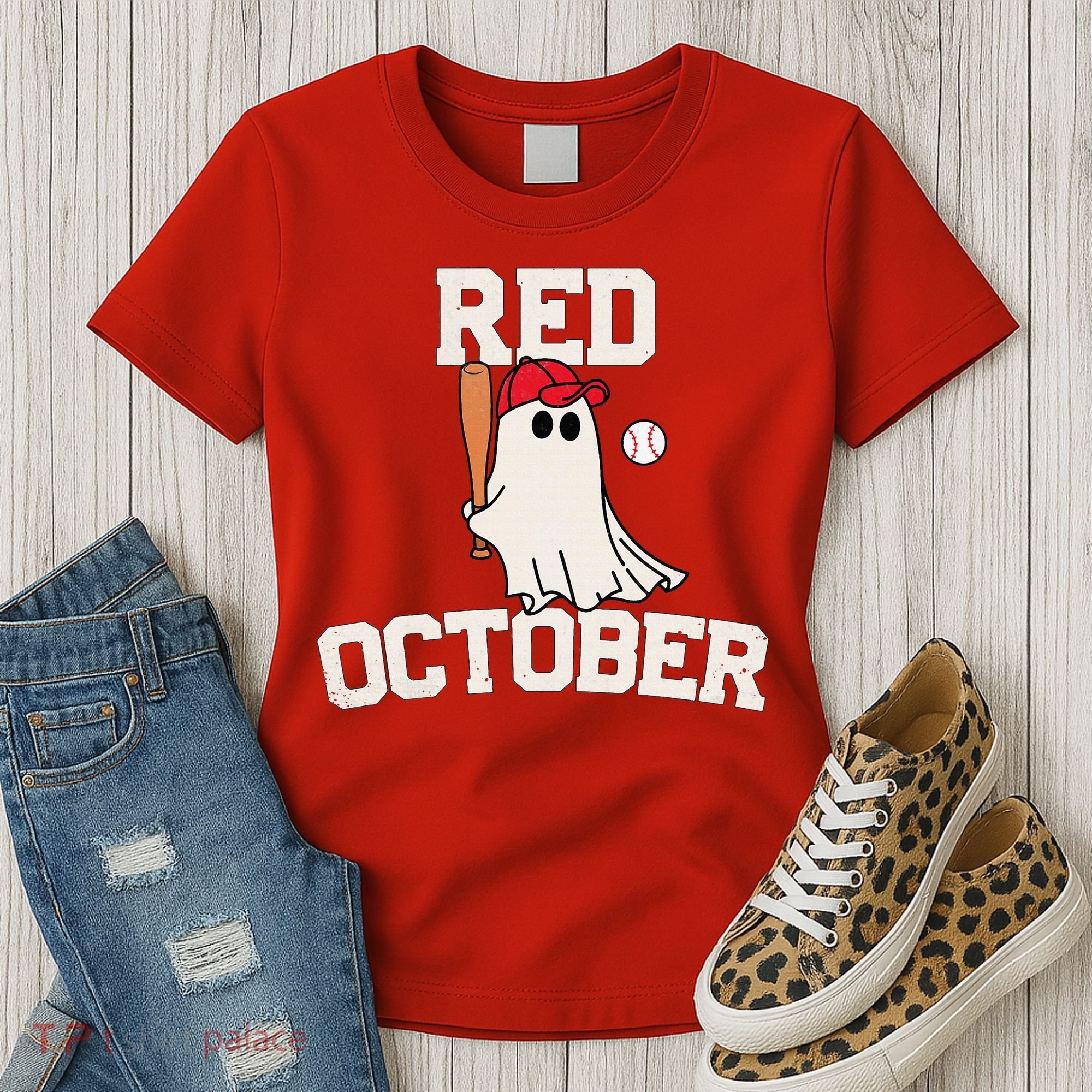 Red October Halloween Ghost Playing Baseball Women's T-Shirt