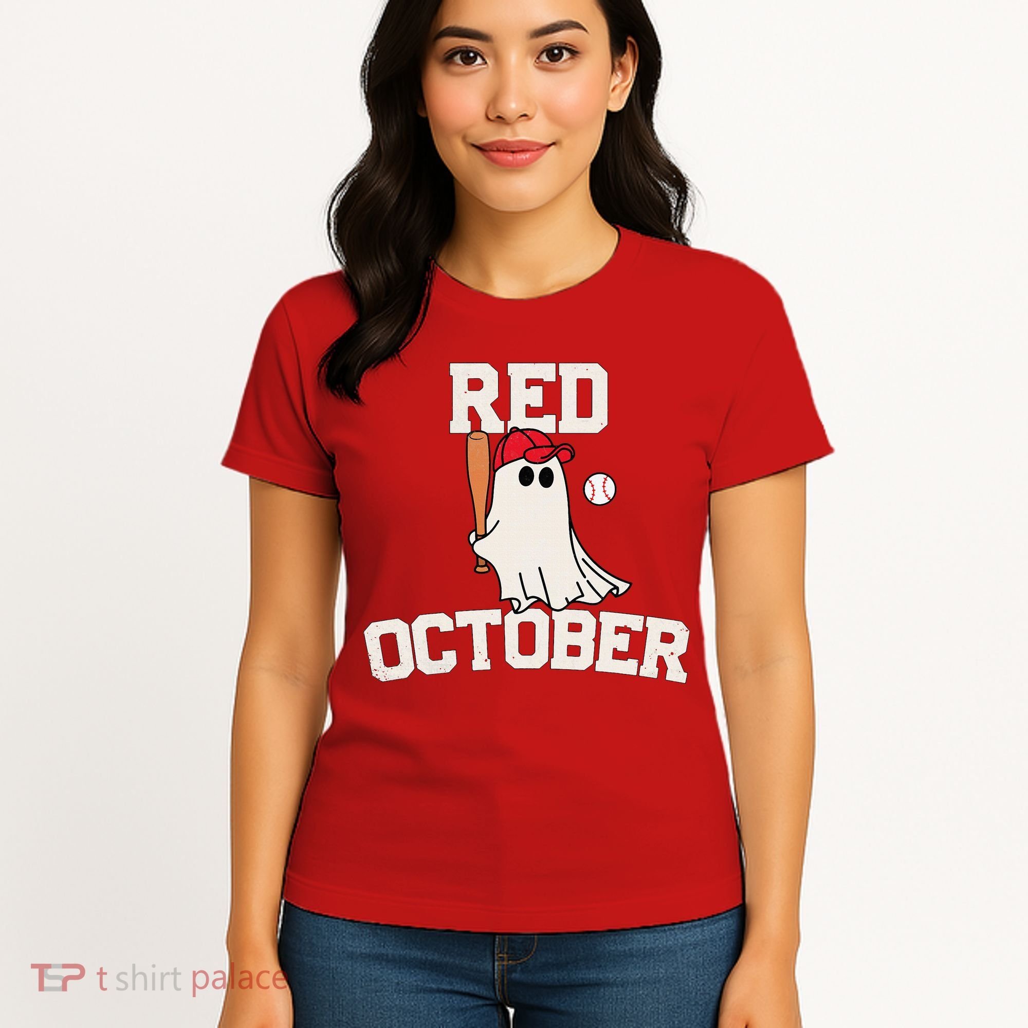Red October Halloween Ghost Playing Baseball Women's T-Shirt