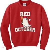 Red October Halloween Ghost Playing Baseball Kids Sweatshirt thumb 0