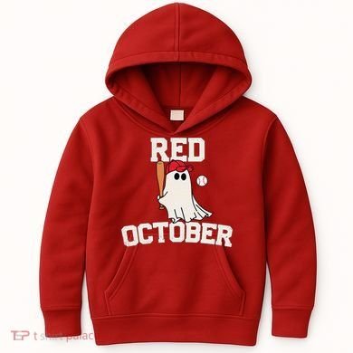 Red October Halloween Ghost Playing Baseball Kids Hoodie