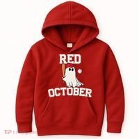 Red October Halloween Ghost Playing Baseball Kids Hoodie thumb 0