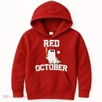 Red October Halloween Ghost Playing Baseball Kids Hoodie thumb 0