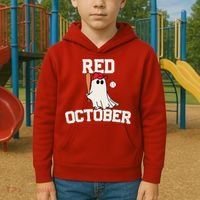 Red October Halloween Ghost Playing Baseball Kids Hoodie thumb 2