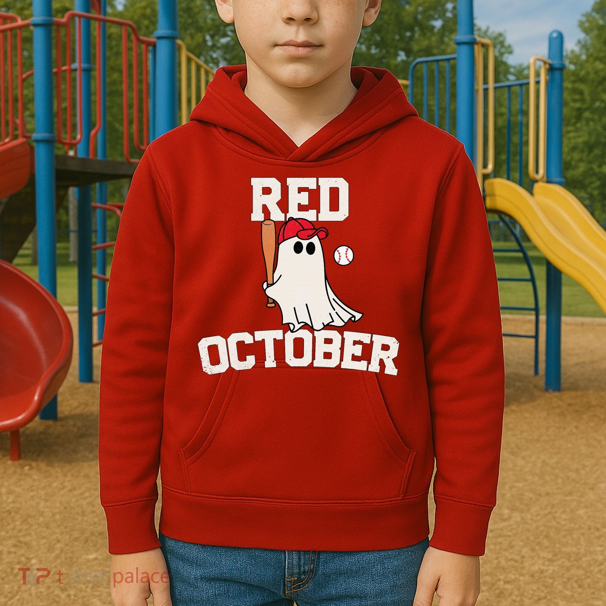 Red October Halloween Ghost Playing Baseball Kids Hoodie