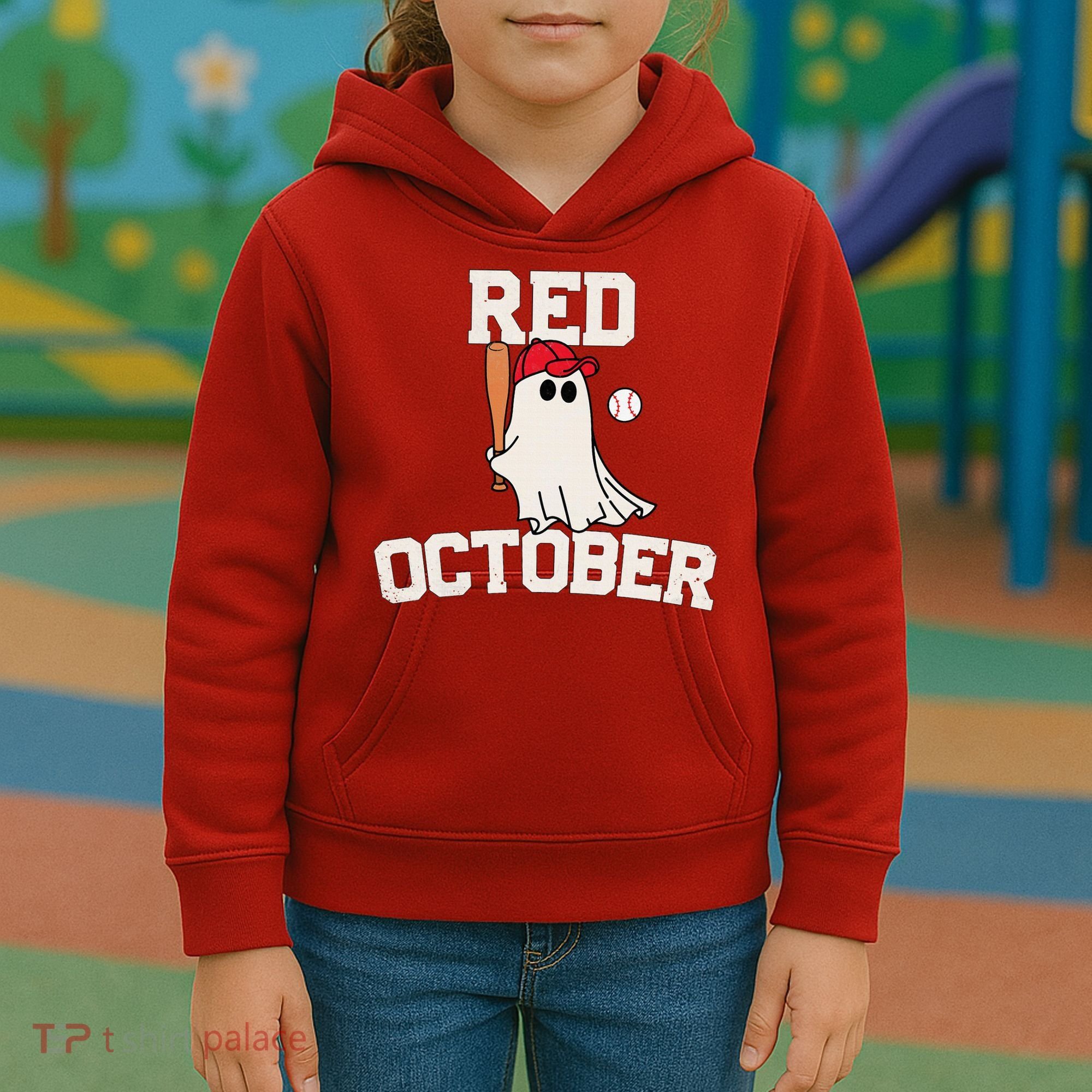Red October Halloween Ghost Playing Baseball Kids Hoodie