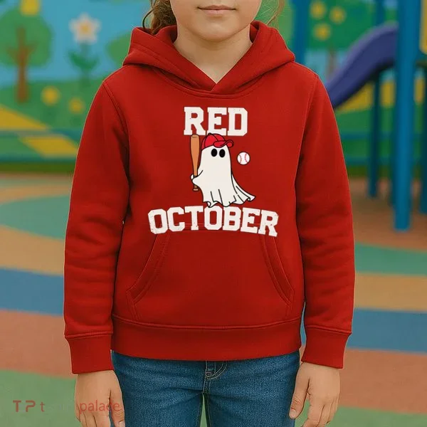 Red October Halloween Ghost Playing Baseball Kids Hoodie