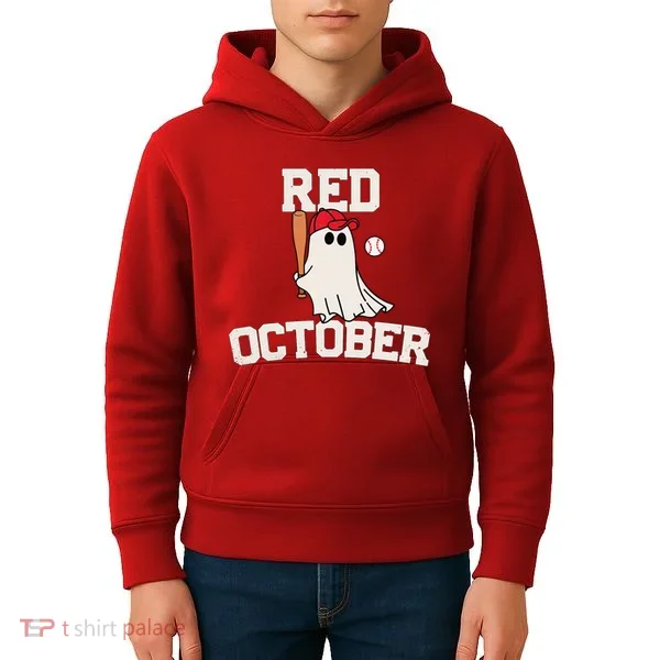 Red October Halloween Ghost Playing Baseball Kids Hoodie