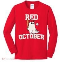 Red October Halloween Ghost Playing Baseball Kids Long Sleeve Shirt thumb 0