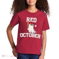 Red October Halloween Ghost Playing Baseball Kids T-Shirt thumb 2