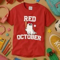 Red October Halloween Ghost Playing Baseball Kids T-Shirt thumb 3
