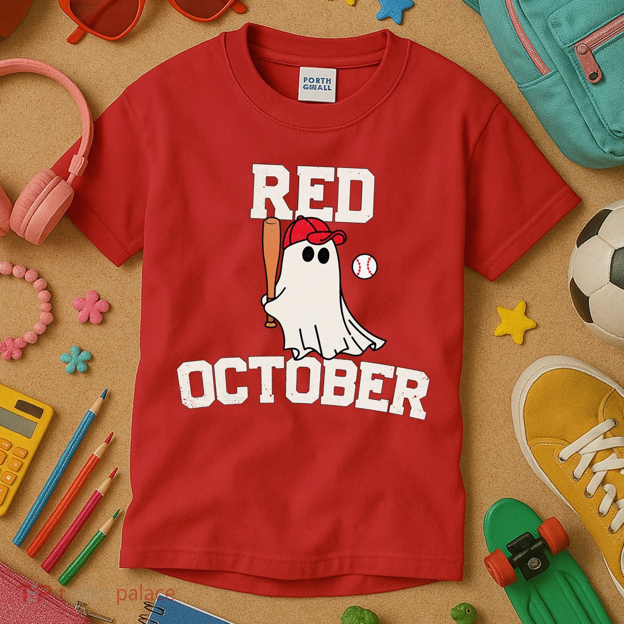 Red October Halloween Ghost Playing Baseball Kids T-Shirt