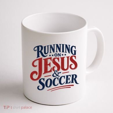 Running On Jesus And Soccer Coffee Mug back
