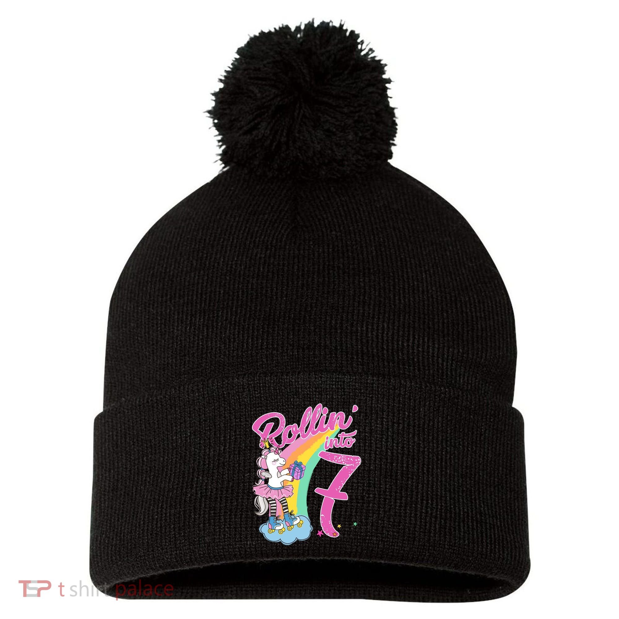Rollin' Into 7 Skating Unicorn Birthday Pom Pom 12in Knit Beanie