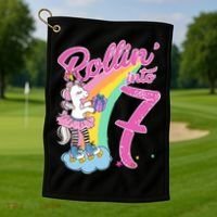 Rollin' Into 7 Skating Unicorn Birthday Golf Towel thumb 1