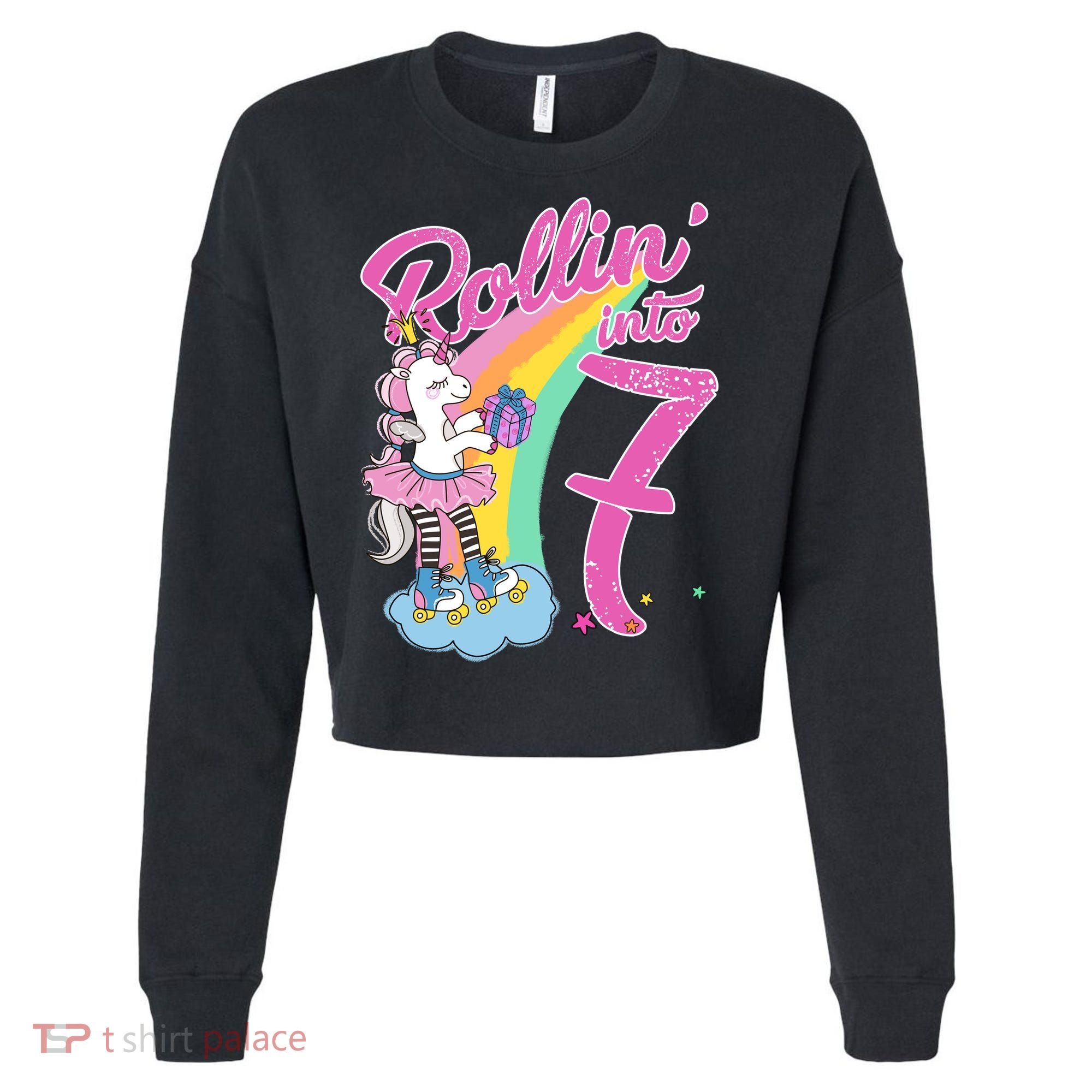 Rollin' Into 7 Skating Unicorn Birthday Cropped Pullover Crew