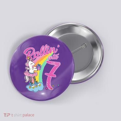 Rollin' Into 7 Skating Unicorn Birthday Button