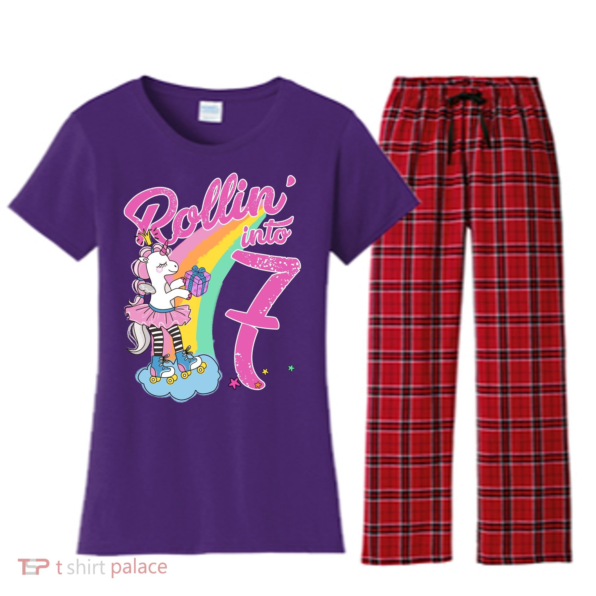 Rollin' Into 7 Skating Unicorn Birthday Women's Flannel Pajama Set