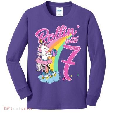 Rollin' Into 7 Skating Unicorn Birthday Kids Long Sleeve Shirt