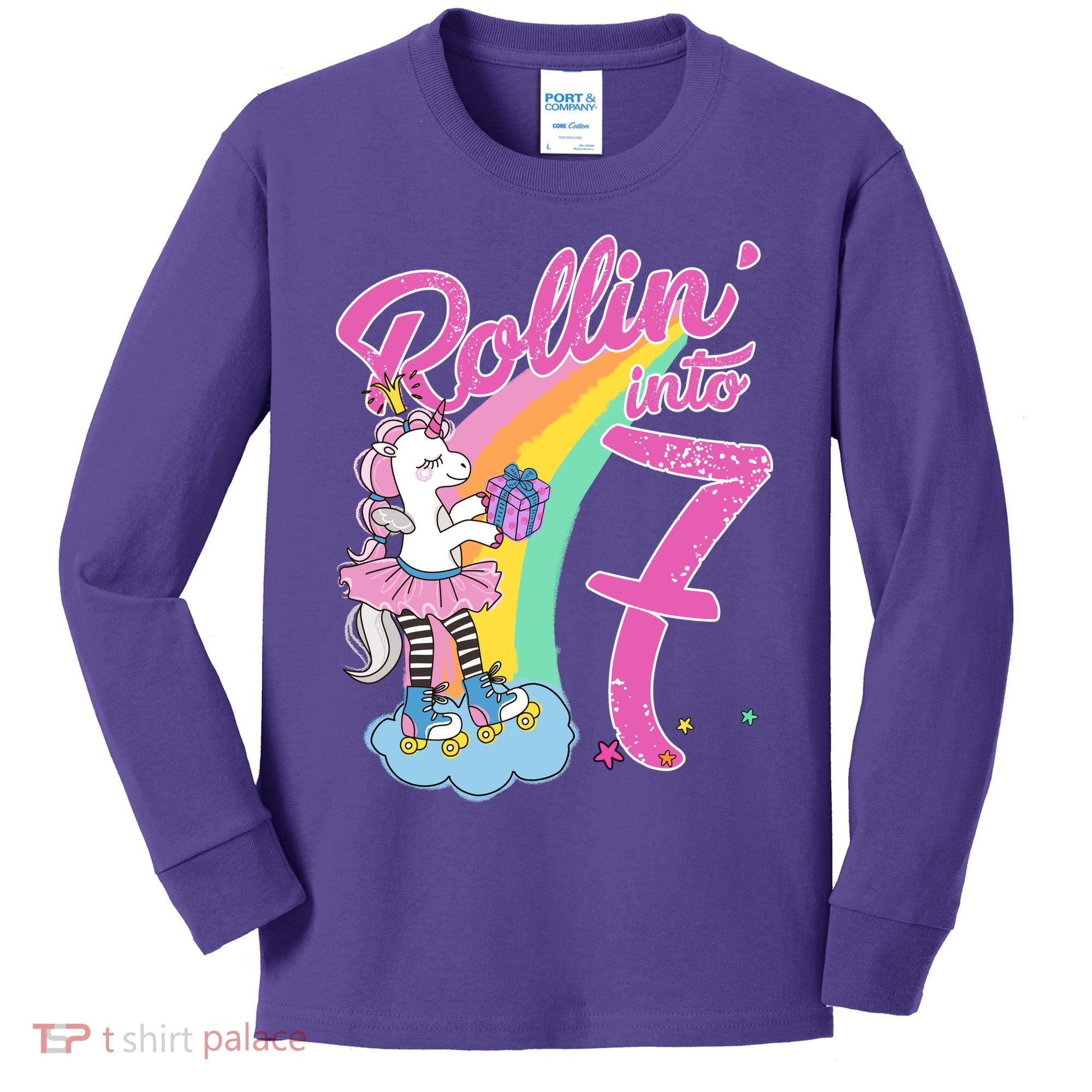 Rollin' Into 7 Skating Unicorn Birthday Kids Long Sleeve Shirt