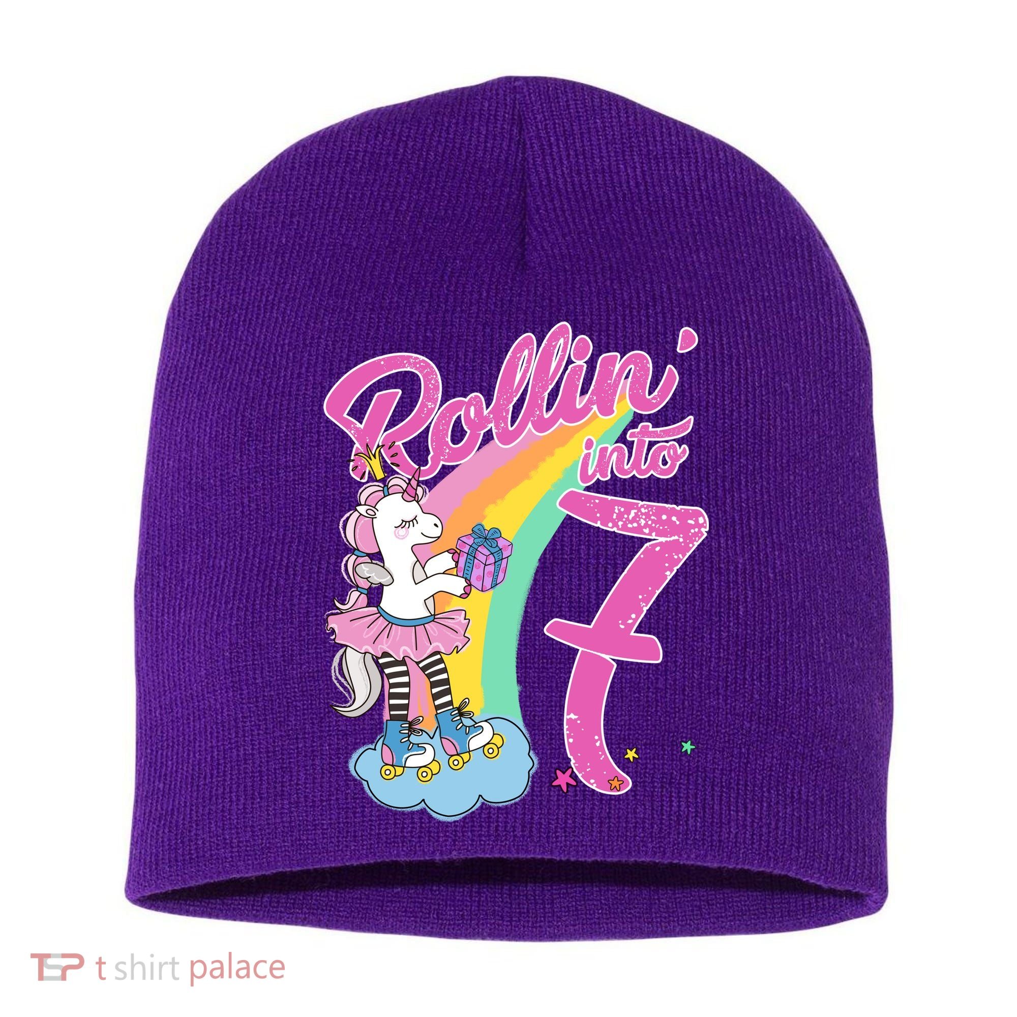 Rollin' Into 7 Skating Unicorn Birthday Short Acrylic Beanie