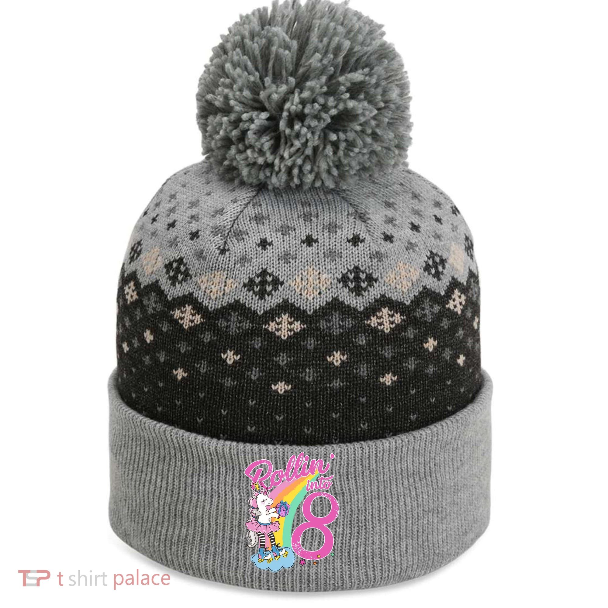 Rollin' Into 8 Skating Unicorn Birthday The Baniff Cuffed Pom Beanie