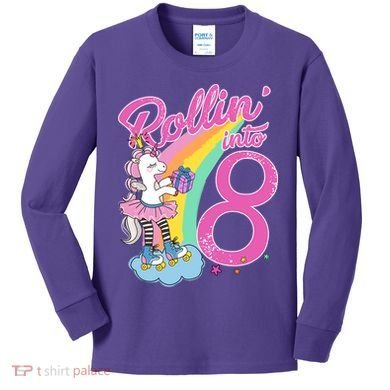 Rollin' Into 8 Skating Unicorn Birthday Kids Long Sleeve Shirt