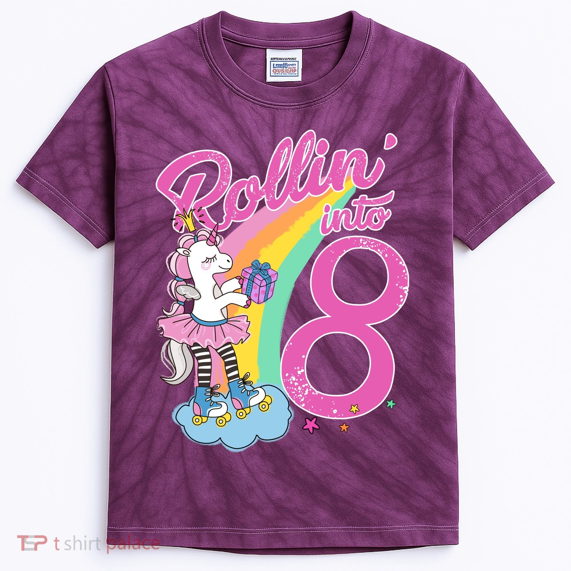 Rollin' Into 8 Skating Unicorn Birthday Kids Tie-Dye T-Shirt