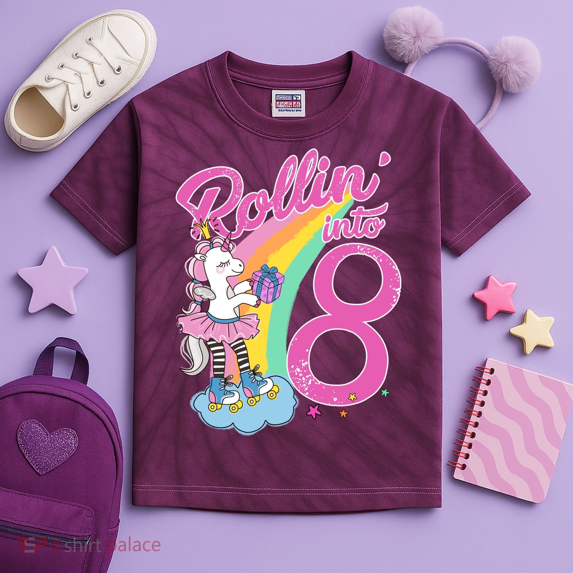 Rollin' Into 8 Skating Unicorn Birthday Kids Tie-Dye T-Shirt