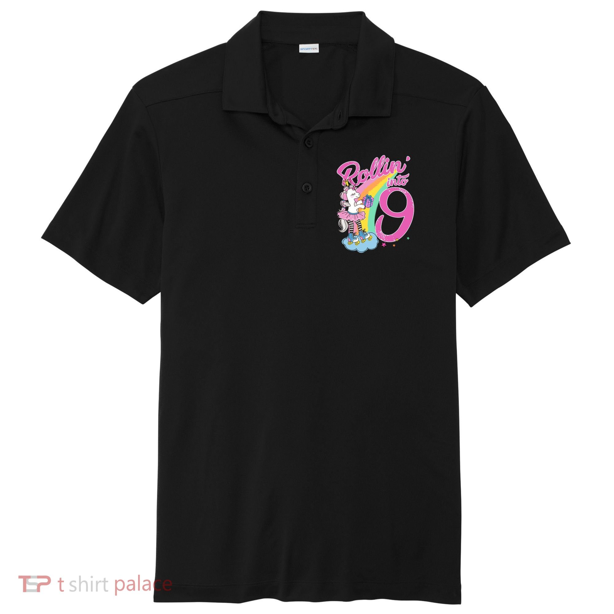 Rollin' Into 9 Skating Unicorn Birthday Sport-Tek Posi-UV Pro Polo