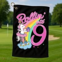 Rollin' Into 9 Skating Unicorn Birthday Golf Towel thumb 1