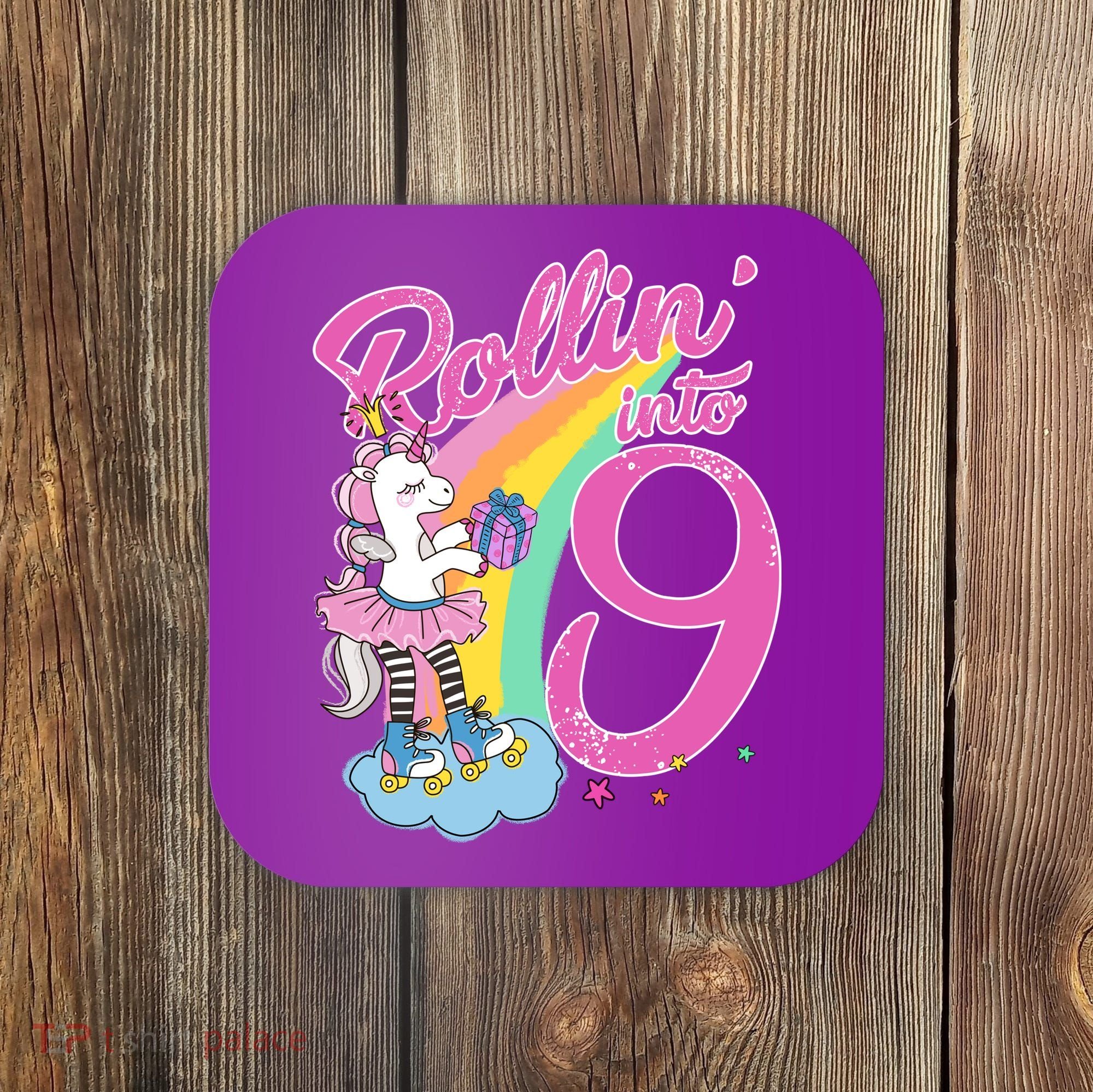 Rollin' Into 9 Skating Unicorn Birthday Coaster