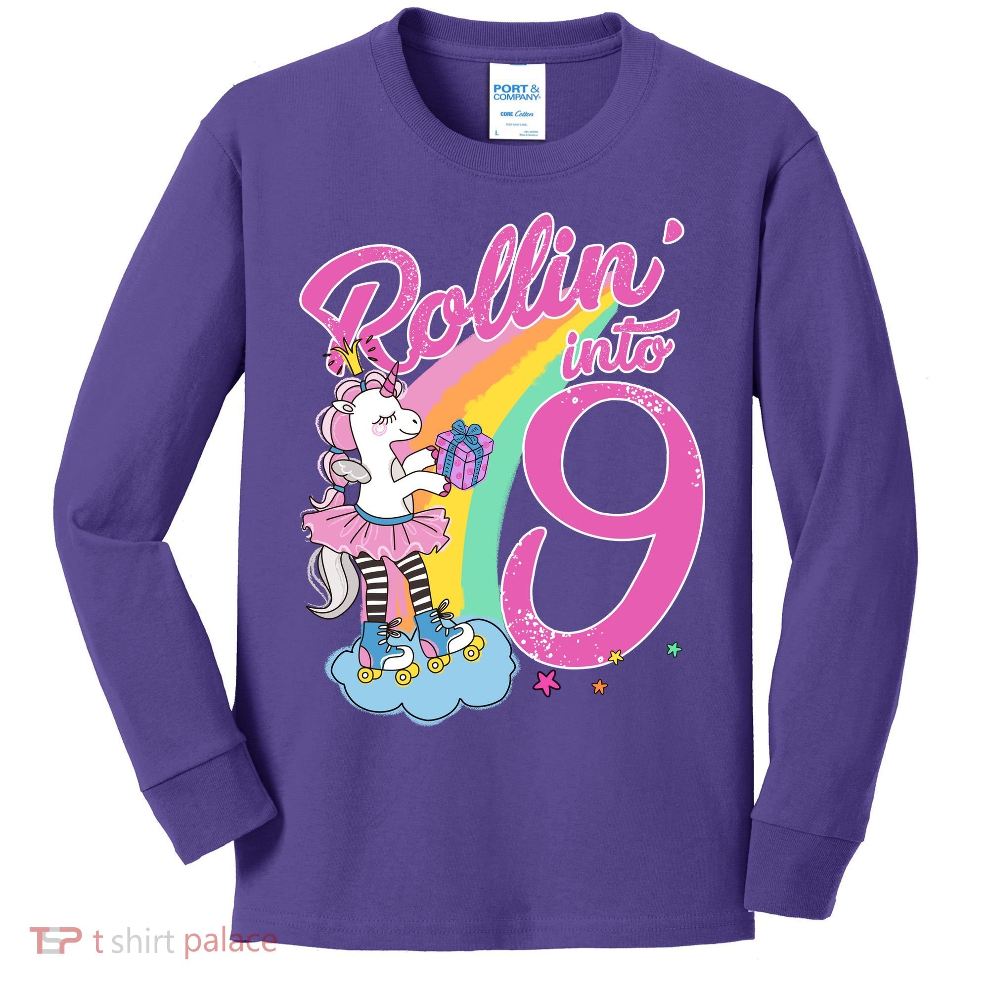 Rollin' Into 9 Skating Unicorn Birthday Kids Long Sleeve Shirt