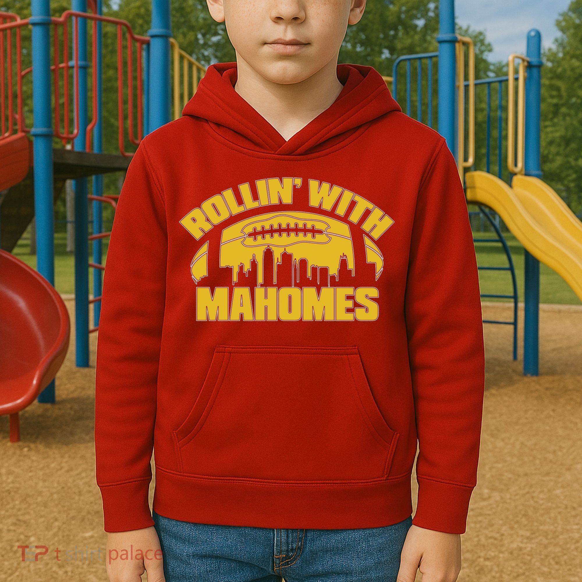 Rollin With Mahomes Kansas City Skyline Kids Hoodie